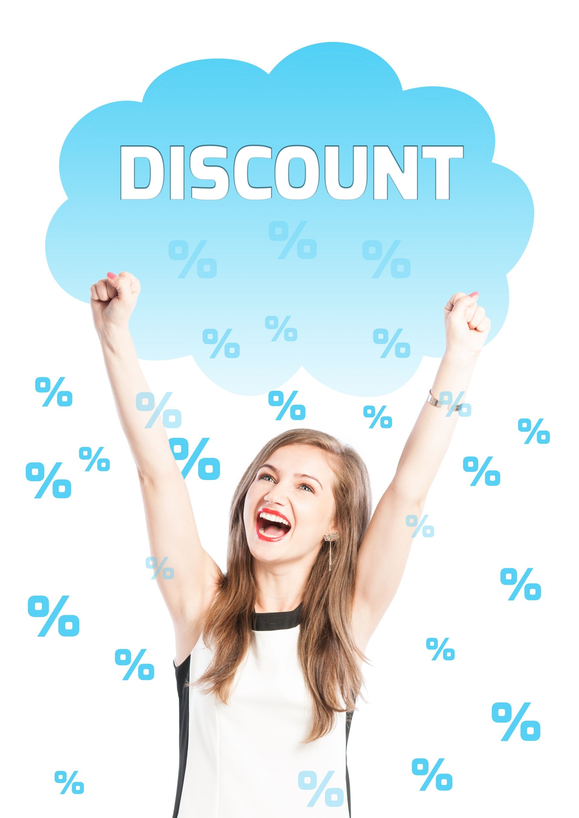 Rain of discounts on a happy woman on white background